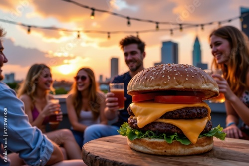 A vibrant advertising photo of a group of young people celebrating at a rooftop party at sunset, holding burgers and drinks