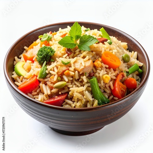 Delicious fried rice with vibrant vegetables and protein served in a brown bowl on white background