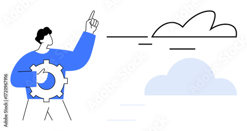 Businessman holding a gear while pointing towards the sky with cloud elements. Ideal for innovation, technology, cloud computing, teamwork, strategy, vision, goal setting. Simple flat metaphor