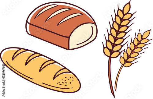 Delicious Loaf of Bread and Wheat Stalks - Simple vector Illustration