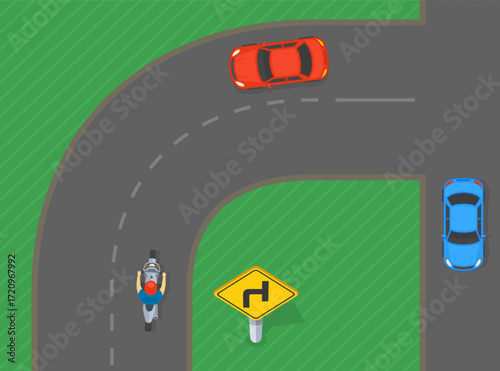 Traffic regulation rules and tips. "T-intersection in curve" road sign area. Moto rider is approaching the intersection. Top view of a traffic flow. Flat vector illustration template.