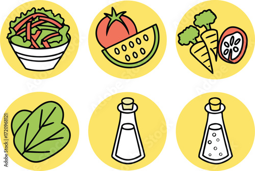 Fresh Salad Ingredients and Dressing Bottles Icon Set on Yellow Circles vector Illustration
