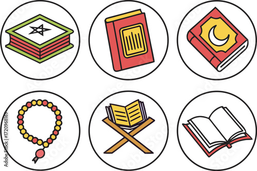 Islamic Religious Symbols: Books, Beads, and Quran Stand Icons vector Illustration