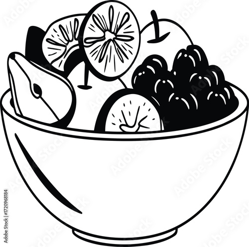 Vector illustration of a bowl and basket of fruits and vegetables