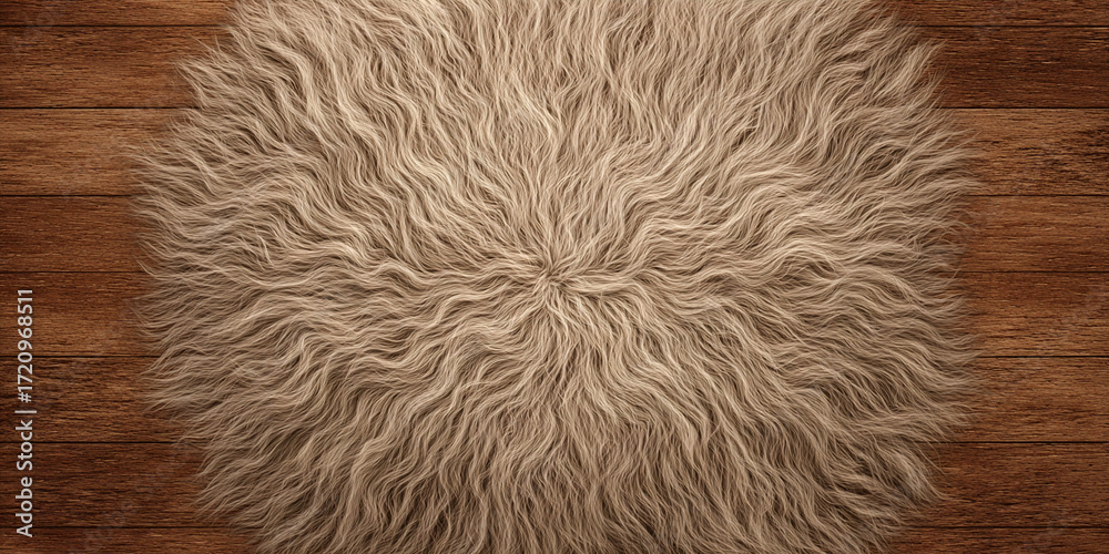 Fototapeta premium Round fluffy wool carpet on wooden floor forming cozy handmade textile background detail closeup - AI generated
