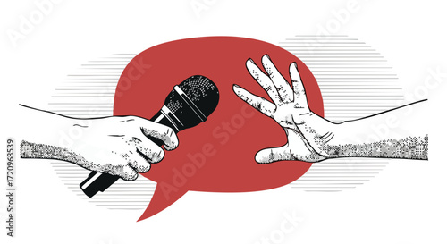 Illustration of a hand holding a microphone and another hand gesturing to stop talking.
