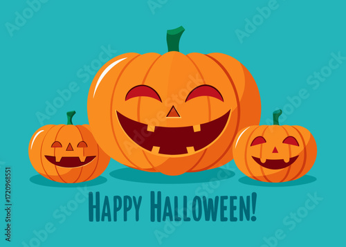 Illustration of happy halloween greeting with three cheerful, carved jackolanterns of varying sizes smiling warmly on a teal background, conveying a festive and friendly holiday spirit