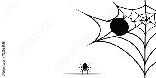 Illustration of spider on a web hanging down with a black spider and a red spot on its abdomen, , minimalist design for halloween