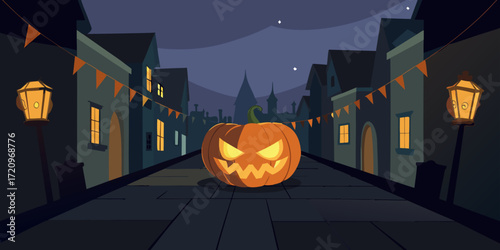 Illustration of a carved, glowing jackolantern sits ominously in the center of a deserted, dimly lit street lined with oldfashioned buildings, adorned with festive halloween bunting and streetlights