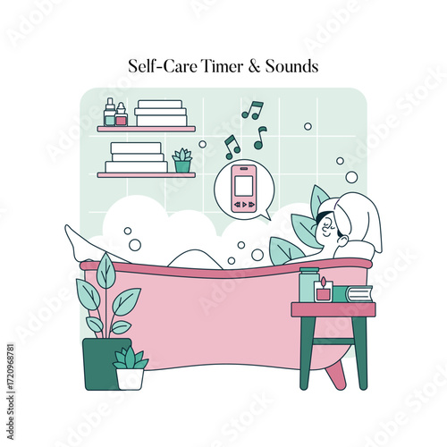 "Relaxed Bath with Music in a Cozy Setting Vector Art"