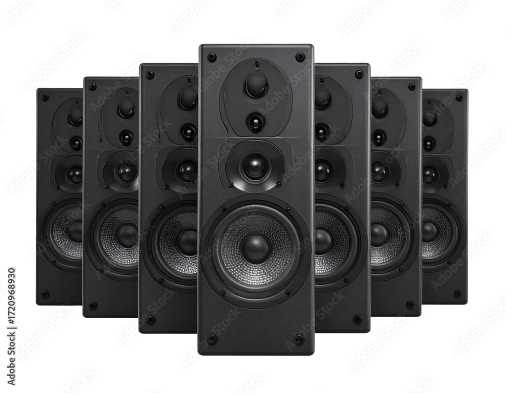 Fototapeta premium Front View of Row of Speakers, Isolated on Transparent Background