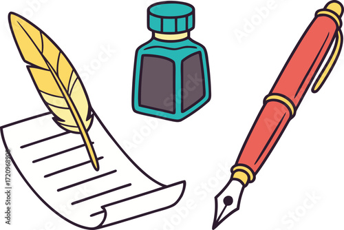 Vintage Writing Tools: Feather Pen, Inkwell, and Fountain Pen on Paper vector Illustration