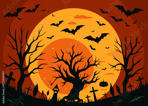 Illustration of a chilling halloween scene featuring silhouetted bare trees, a graveyard with crosses, and bats flying across a large, glowing full moon on a dark, ominous night