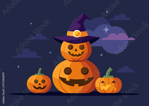 Illustration of spooky halloween night with a stacked pumpkin character wearing a witch hat and two smaller pumpkins, set against a dark blue starry sky with clouds and a moon