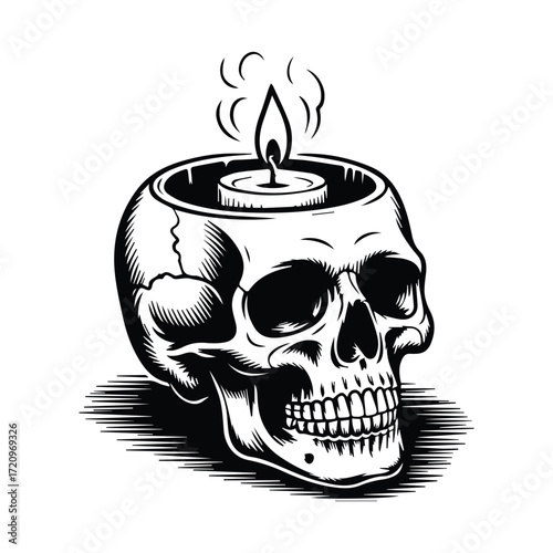 Monochrome skull with a lit candle inside the cranium representing mortality and symbolism