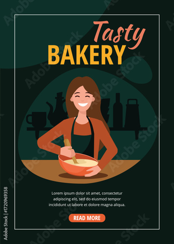 A young woman in an apron is mixing baking dough with a spoon. Dark background. Flyer design template