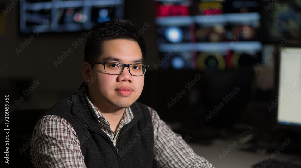 Fototapeta premium expert. Professional IT specialist in formal attire, exuding focus and expertise against a tech-themed backdrop. product launch decks. 
