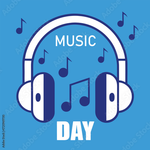 World Music Day Card Design: A headphone and musical notes on a blue background. 