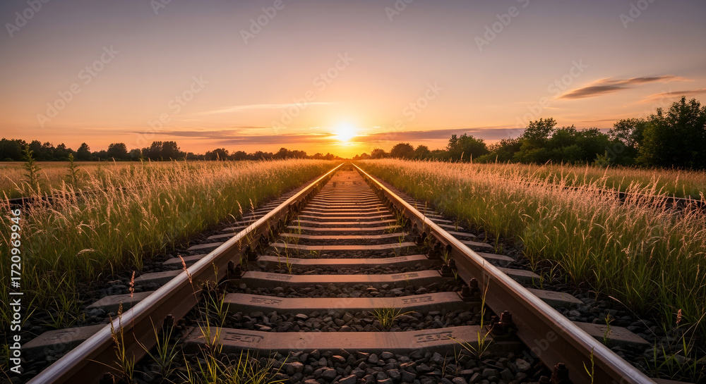 Obraz premium Railroad tracks stretching into the sunset, with golden light illuminating the sky and surrounding fields of grass and wildflowers