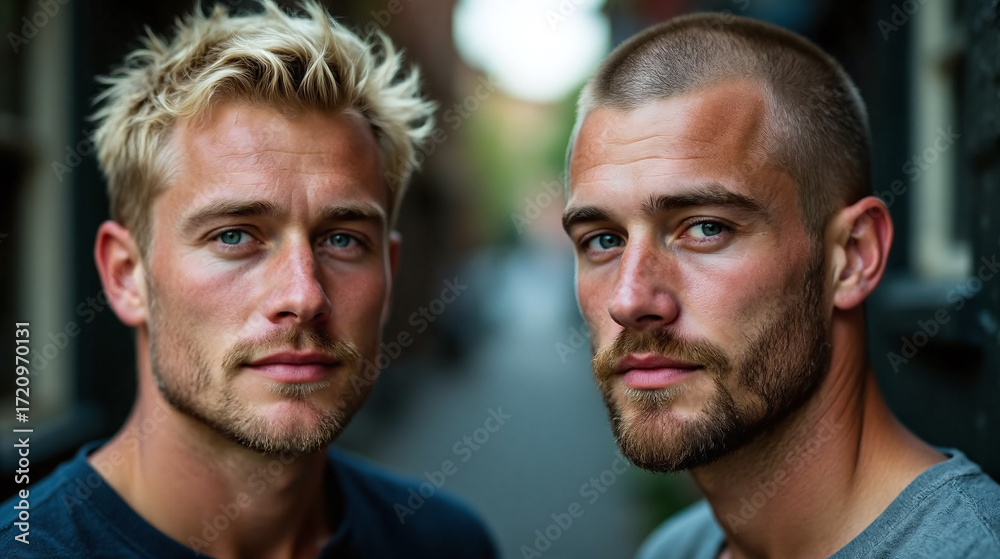 Fototapeta premium Two handsome men with blue eyes pose for a portrait in an outdoor setting.