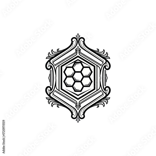 Ornate black and white hexagonal frame enclosing a honeycomb pattern, elegant and classic design illustration.