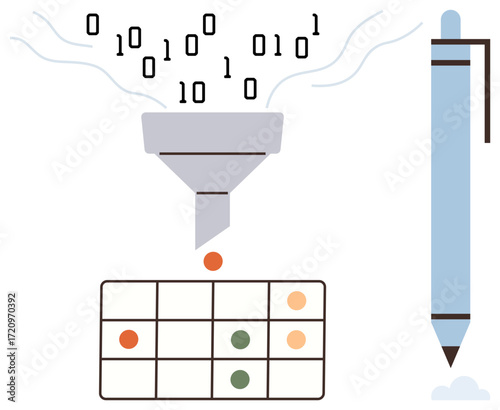 Binary numbers flow into funnel, dropping colored dot into grid with nearby pen. Ideal for data analysis, process automation, information sorting, big data, system workflow, decision-making, simple