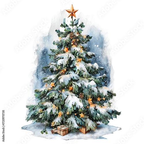 sparkling pastel Christmas tree glowing with fairy lights and stars Magical Christmas Stickers Whimsical Holiday Illustration