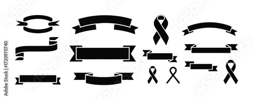 A collection of black ribbon and banner graphic elements, including various shapes and sizes, suitable for design purposes.