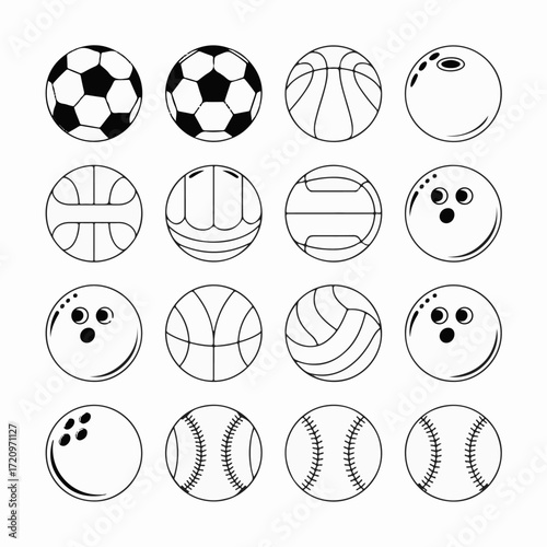 Assorted Sports Balls Outline Collection A Versatile Set for Designers, Educators, and Sports Enthusiasts