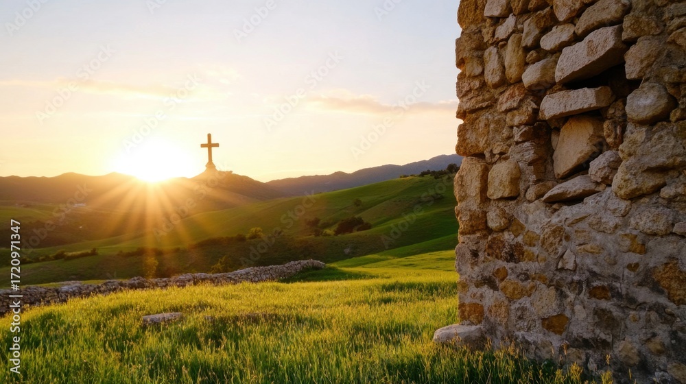 custom made wallpaper toronto digitalSunset silhouette of a mission church with green hills and old stone walls