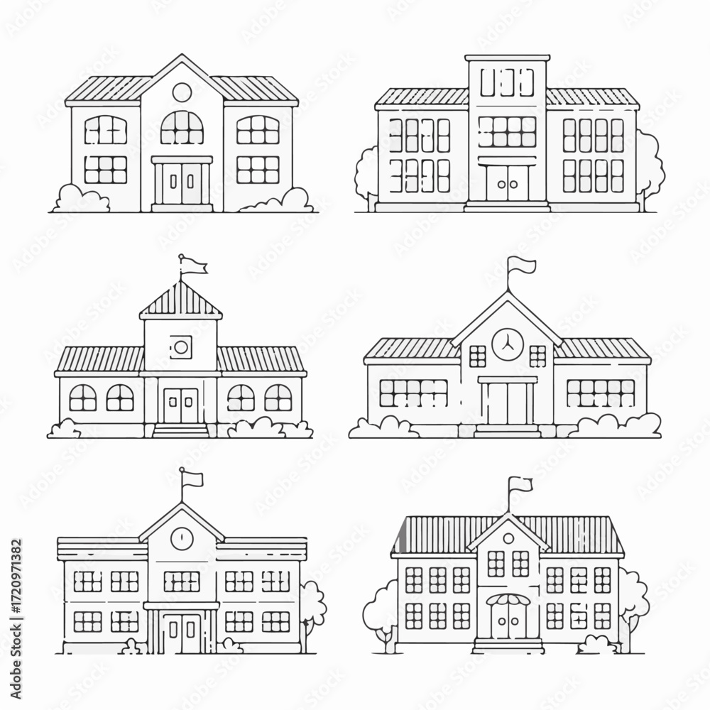 Fototapeta premium Linear art collection of various school and university buildings, representing education, learning, and academic architecture