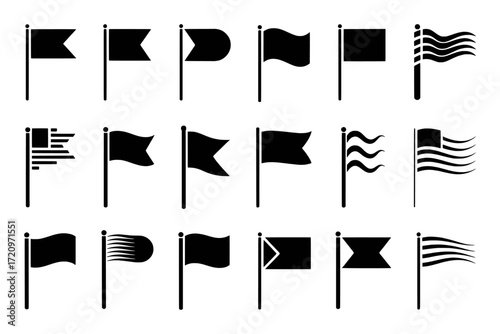 Collection of Black and White Flag Icons on White Background