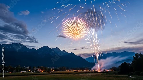 Spectacular Fireworks Display Over Mountain Landscape at Dusk.