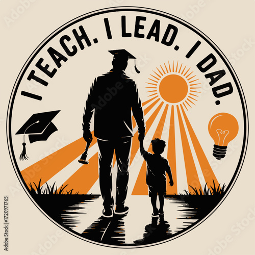 Vintage graphic illustration of a graduate father and son silhouette, symbolizing education, family bonds, and parental guidance for the future