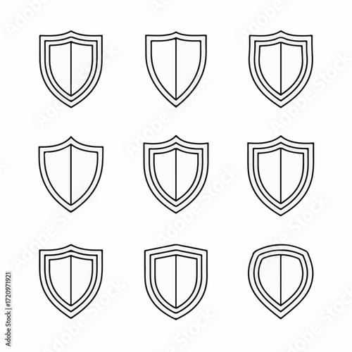 Collection of diverse vector outline shield icons representing security, protection, and privacy for modern digital interfaces, web design, and business applications requiring robust visual safeguards