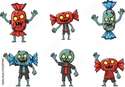Whimsical Halloween candy-head zombie characters, colorful wrapped sweets, glowing yellow eyes, tattered costumes, playful undead illustrations, vector art pack collection