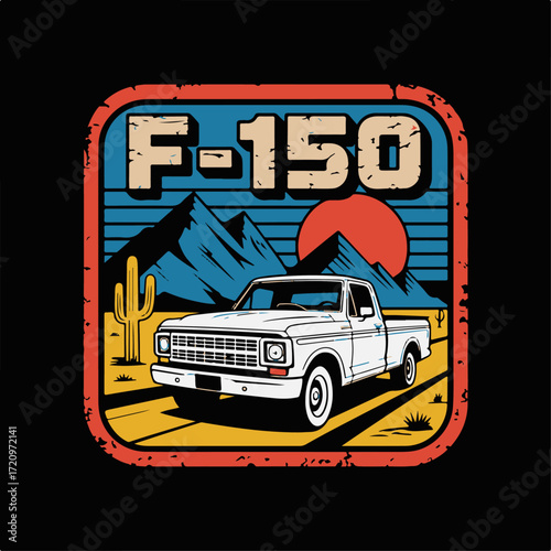 Retro illustration of a classic white pickup truck in a desert scene with mountains, sun, and cactus. Evokes vintage travel and road trip adventure