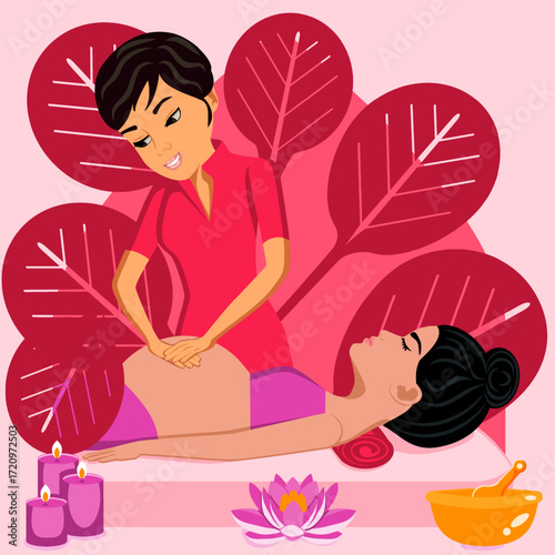 Massage for pregnant. Therapy and treatment by professional therapist in SPA. Isolated flat vector illustration. Eastern and Indian ethnicity.