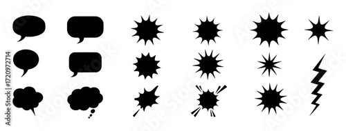 Collection of Black Speech Bubbles, Starbursts, and Lightning Bolt Icons