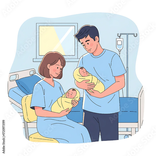 Joyful Parents Welcoming Newborn Twin Babies in Hospital Room