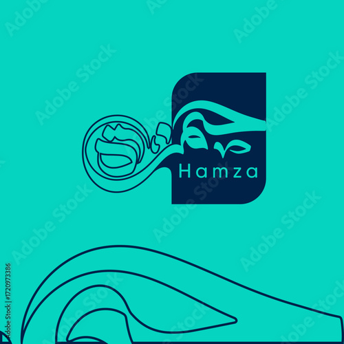 A stylized hamza logo in dark blue against a teal background with decorative flourishes below