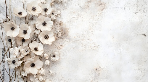 Soft white anemones arranged on textured plaster background, perfect for wedding invites, elegant product displays