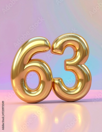 Gold balloon numbers 63 on a pastel background