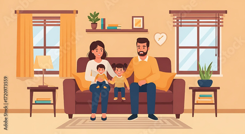 Happy Family Sitting on Sofa in Cozy Living Room at Home Illustration
