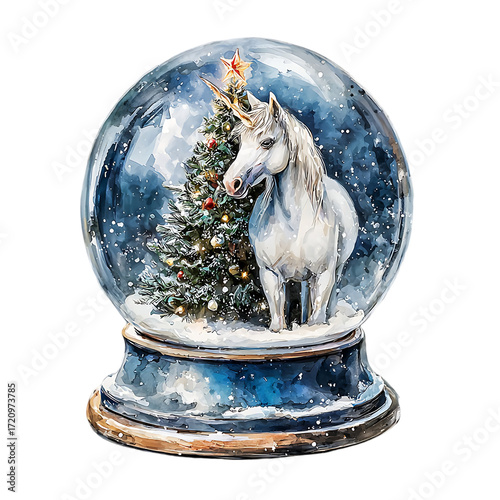 pastel kawaii snow globe with glowing Christmas tree and unicorn inside Magical Christmas Stickers Whimsical Holiday Illustration