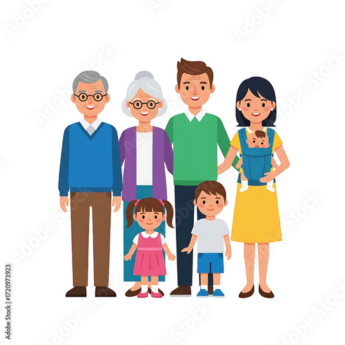 Happy Multi-Generational Family Standing Together Vector Illustration