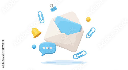 3D illustration of an open email envelope with a blue letter, surrounded by communication and office icons like paper clips, a notification bell, and a speech bubble, on a white background.