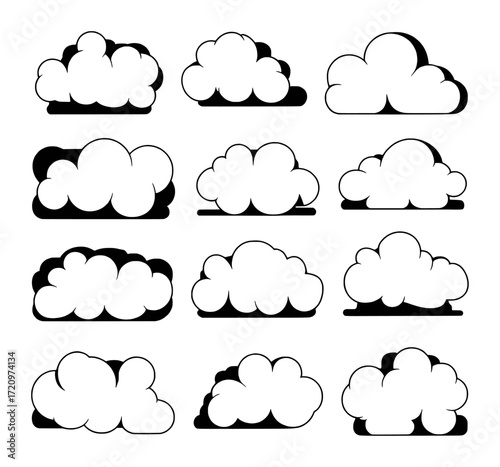 Collection of Stylized Cloud Illustrations with Shadow Effects