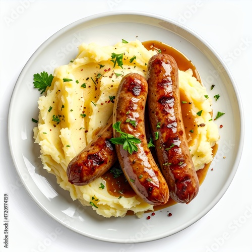 Classic comfort food: Sausages and creamy mashed potatoes with gravy against white background