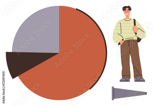 Male figure in casual attire next to a red, purple, and brown pie chart with a detached triangular pointer. Ideal for data analysis, statistics, education, demographics, presentation, reporting